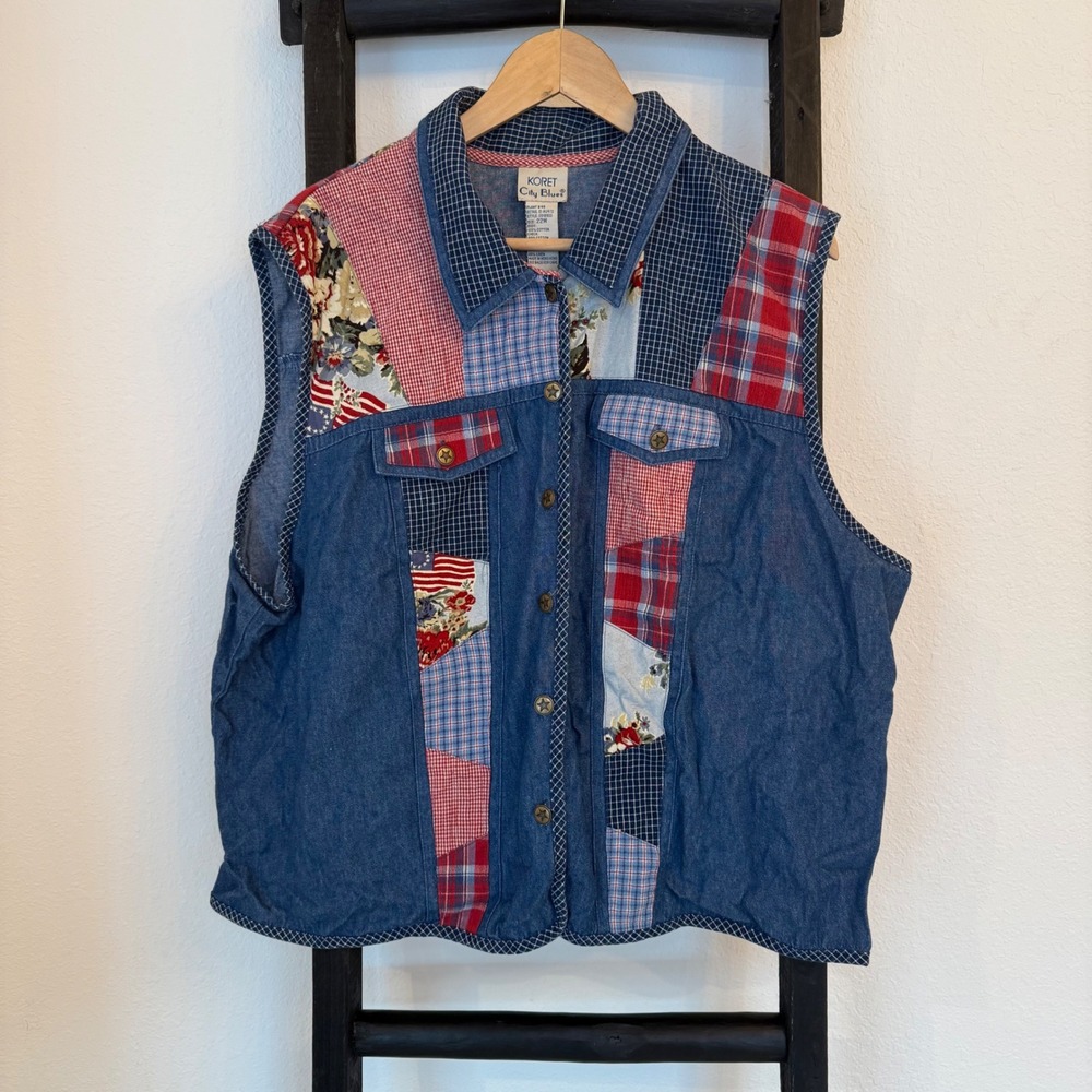 Vintage Patchwork Denim Vest Koret City Blues Womens 22W Plaid Floral Blue‎